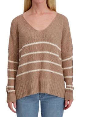 NWT $89 Lucky Brand Chunky Knit Striped Pullover Sweater Brown White, Size M